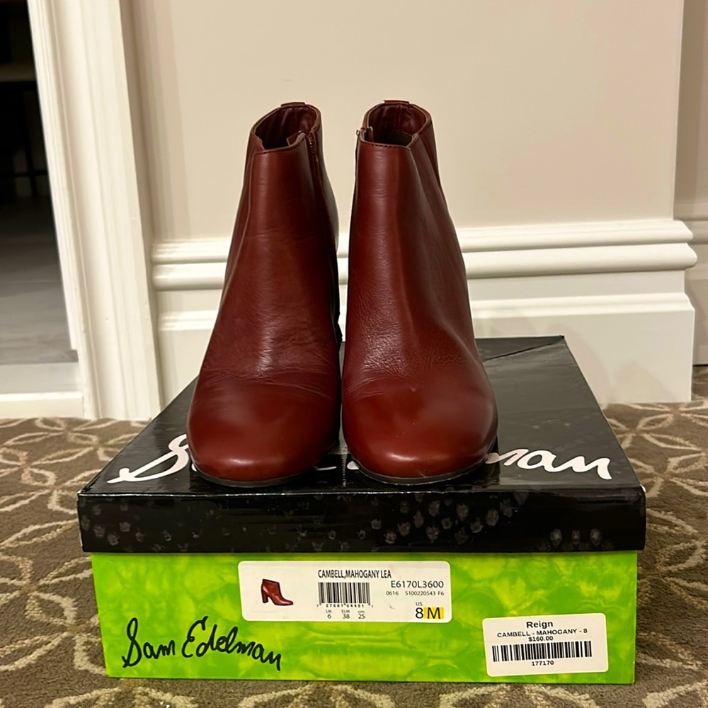 Beautiful booties, leather , worn once , like new, deep red gorgeous color